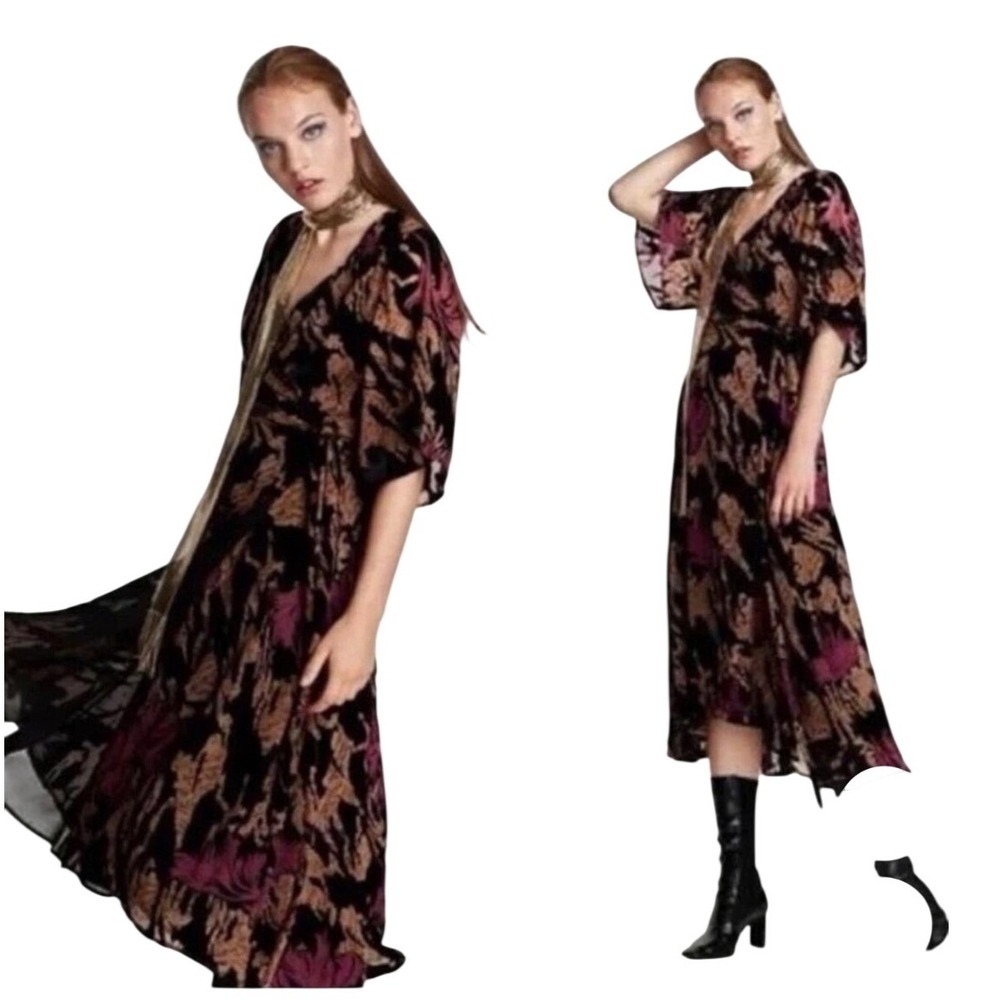 Zara Velvet Burnout Floral Wrap Midi Dress Size‎ S Kimono Sleeve Fall Whimsigoth